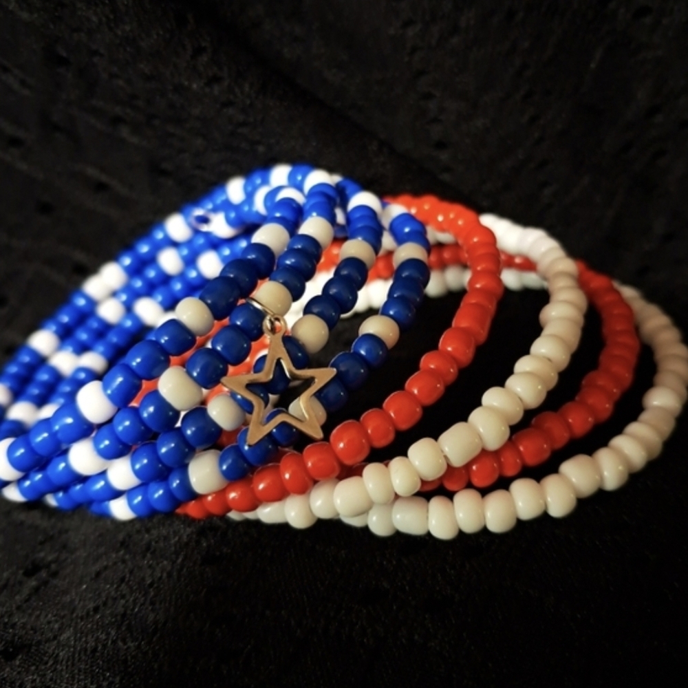 Hand Crafted Red, White & Blue Beaded Wrap Bracelet - Picture 4 of 9